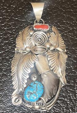 Native American Sterling Silver Navajo Handmade Turquoise, Coral Pendant -Thomas