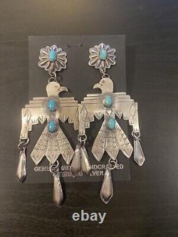 Native American Sterling Silver Navajo Handmade Turquoise Dangle Earrings