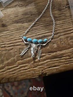 Native American Sterling Silver Navajo Handmade Turquoise Longhorn Necklace 18