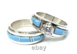 Native American Sterling Silver Navajo Handmade Turquoise Wedding Set Size 10.25