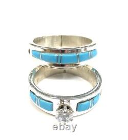 Native American Sterling Silver Navajo Handmade Turquoise Wedding Set Size 8.25