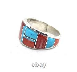 Native American Sterling Silver Navajo Multicoloured Stone Inlay Ring SZ 8
