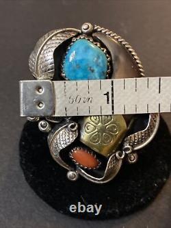 Native American Sterling Silver Navajo Turquoise With Coral Size 9.5-9.75