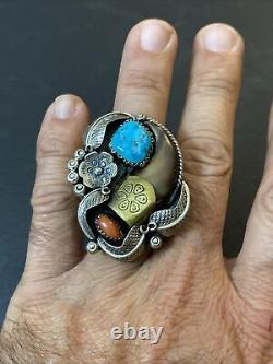 Native American Sterling Silver Navajo Turquoise With Coral Size 9.5-9.75