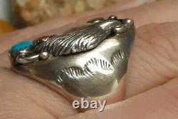 Native American Sterling Silver Red Coral Turquoise Wolf Ring Size 9 Signed H