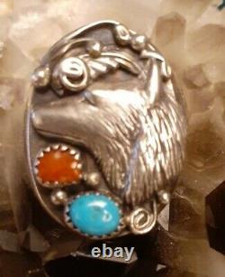Native American Sterling Silver Red Coral Turquoise Wolf Ring Size 9 Signed H