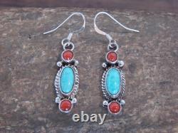 Native American Sterling Silver Turquoise & Coral Dangle Earrings by Betone