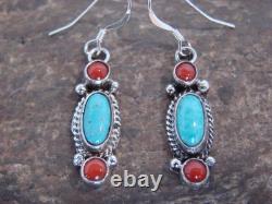 Native American Sterling Silver Turquoise & Coral Dangle Earrings by Betone