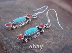 Native American Sterling Silver Turquoise & Coral Dangle Earrings by Betone