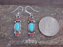 Native American Sterling Silver Turquoise & Coral Dangle Earrings by Betone