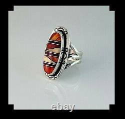 Native American Sterling and Inlay Spiny Oyster Ring Size 7 1/2