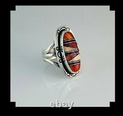 Native American Sterling and Inlay Spiny Oyster Ring Size 7 1/2