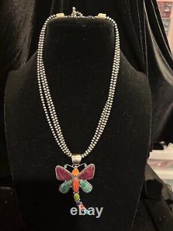 Native American Style Dragonfly Pendant on 3 Strand Navajo Pearl Necklace