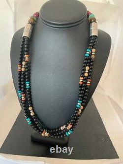 Native American Turquoise Onyx Spiny Pic Jasp Sterling Silver Necklace Gift 4825