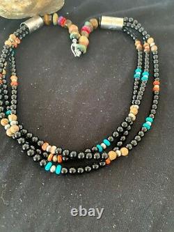 Native American Turquoise Onyx Spiny Pic Jasp Sterling Silver Necklace Gift 4825