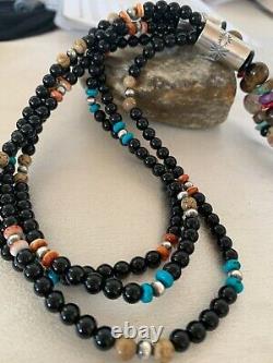 Native American Turquoise Onyx Spiny Pic Jasp Sterling Silver Necklace Gift 4825