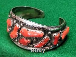 Native American Vintage Navajo Sterling Silver 925 Coral Cluster Bracelet