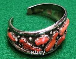 Native American Vintage Navajo Sterling Silver 925 Coral Cluster Bracelet