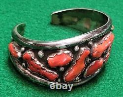 Native American Vintage Navajo Sterling Silver 925 Coral Cluster Bracelet