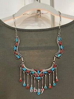 Native American Vintage Sterling Turquoise Coral Panel Necklace With Dangles