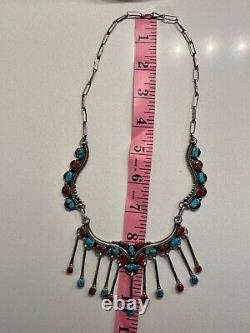 Native American Vintage Sterling Turquoise Coral Panel Necklace With Dangles