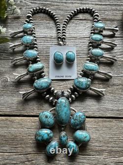 Native American White Water Turquoise Squash Blossom Navajo Pearls Necklace