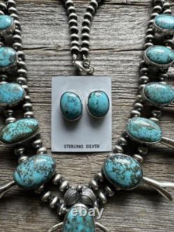 Native American White Water Turquoise Squash Blossom Navajo Pearls Necklace