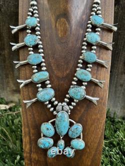 Native American White Water Turquoise Squash Blossom Navajo Pearls Necklace