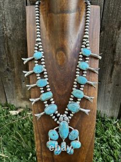 Native American White Water Turquoise Squash Blossom Navajo Pearls Necklace