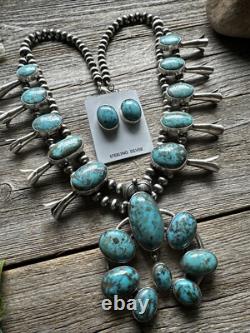 Native American White Water Turquoise Squash Blossom Navajo Pearls Necklace