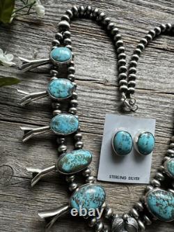 Native American White Water Turquoise Squash Blossom Navajo Pearls Necklace