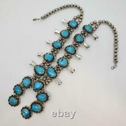 Native Navajo 166g Vintage Squash Blossom Sterling Silver Turquoise Necklace
