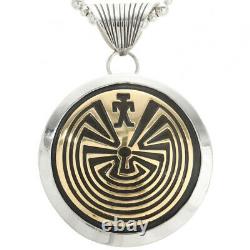 Native Navajo Hopi Style Sterling Silver Gold Man in the Maze Pendant Necklace