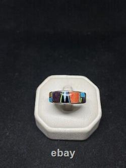 Native Navajo inlay multi stone / multicolor Sterling Silver Mens ring Size 12