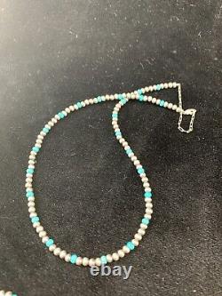 Native er Navajo Pearls 4mm Sterling Silver Blue Turquoise Bead Necklace 21