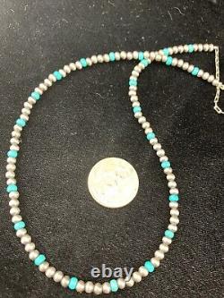 Native er Navajo Pearls 4mm Sterling Silver Blue Turquoise Bead Necklace 21