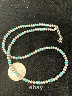 Native er Navajo Pearls 4mm Sterling Silver Blue Turquoise Bead Necklace 21