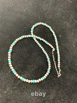 Native er Navajo Pearls 4mm Sterling Silver Blue Turquoise Bead Necklace 21