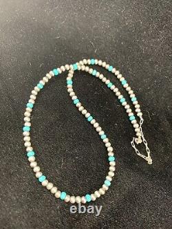 Native er Navajo Pearls 4mm Sterling Silver Blue Turquoise Bead Necklace 21