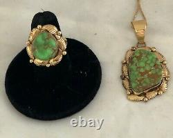 Navajo 14kt Gold/Carico Lake Turquoise Pendant/Ring, size 8 set