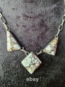 Navajo ALV White Horse Turquoise Silver Necklace Vintage Native American Jwry