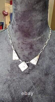 Navajo ALV White Horse Turquoise Silver Necklace Vintage Native American Jwry