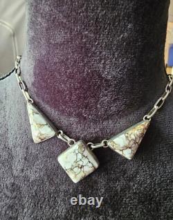 Navajo ALV White Horse Turquoise Silver Necklace Vintage Native American Jwry