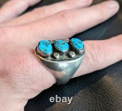 Navajo Bear Fetish Sterling Silver Turquoise Ring Size 12 Sandcast Free Shipping