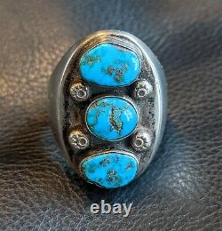 Navajo Bear Fetish Sterling Silver Turquoise Ring Size 12 Sandcast Free Shipping