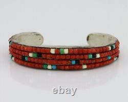 Navajo Bracelet 925 Silver Natural Red Coral & Gemstones Native American C. 80's