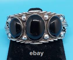 Navajo Bracelet Black Onyx & Sterling Silver Cuff Native American Vintage USA