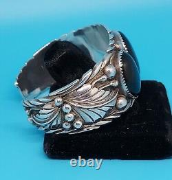 Navajo Bracelet Black Onyx & Sterling Silver Cuff Native American Vintage USA