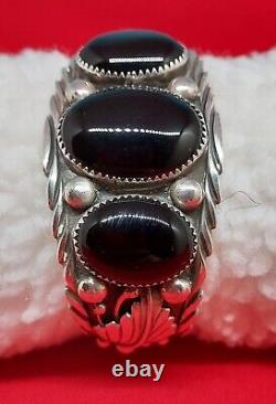 Navajo Bracelet Black Onyx & Sterling Silver Cuff Native American Vintage USA