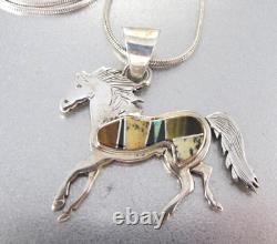 Navajo Calvin Begay Sterling Pueblo Horse Inlay Pendant Necklace